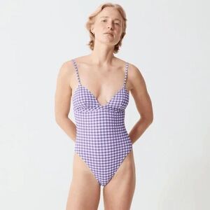 J. Crew Purple Gingham Plaid Plunge One-Piece Swim Bathing Suit Women's Size 14